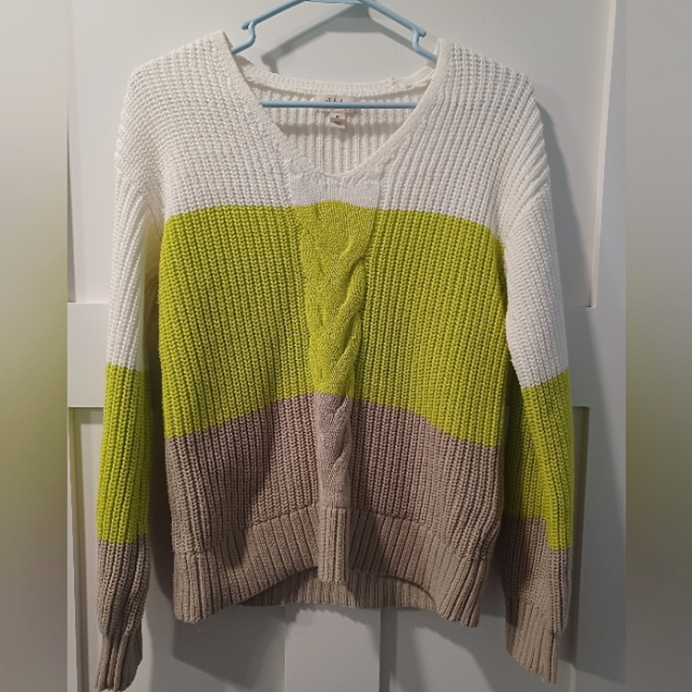 STYLE & CO Striped V-Neck Cable Knit Sweater, XS
